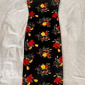DNA Couture Strapless Black Dress with Red and Yellow Floral Design